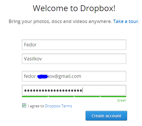 Регистрация в DropBox Регистрация в DropBox