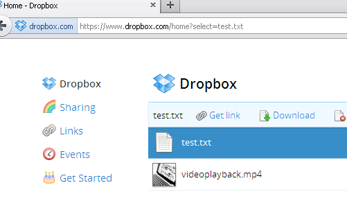 Загруженный файл в списке файлов Dropbox Загруженный файл в списке файлов Dropbox