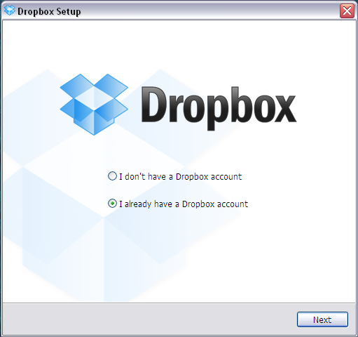 Выбор продолжения установки DropBox Выбор продолжения установки DropBox