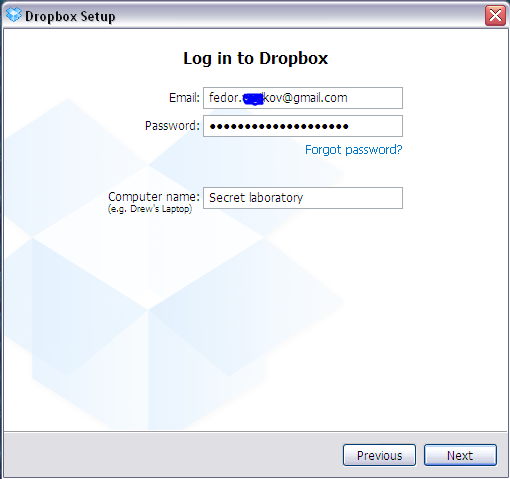 Ввод данных для авторизации в Dropbox Ввод данных для авторизации в Dropbox