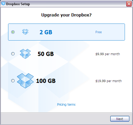 Выбор тарифного плана DropBox Выбор тарифного плана DropBox