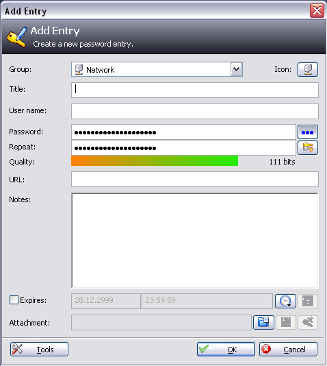 Форма добавления записи в KeePass Форма добавления записи в KeePass