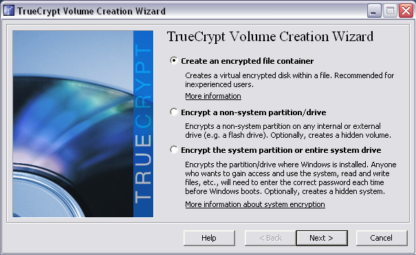 Выбор вида контейнера TrueCrypt Выбор вида контейнера TrueCrypt