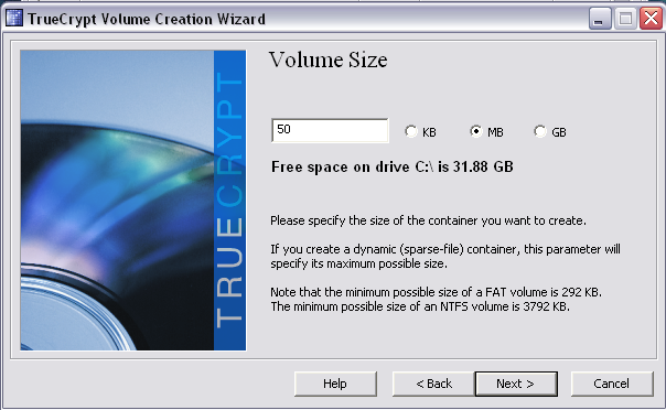 Выбор размера диска в TrueCrypt Выбор размера диска в TrueCrypt