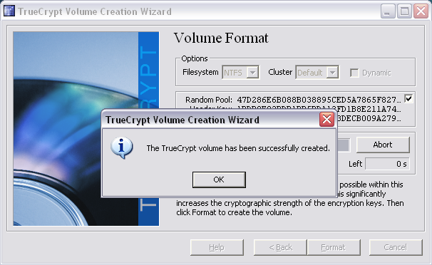 Сообщение о завершении форматирования TrueCrypt Сообщение о завершении форматирования TrueCrypt