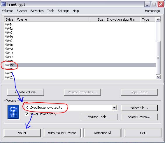 Подключение диска TrueCrypt Подключение диска TrueCrypt