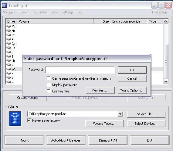 Ввод пароля при подключении диска TrueCrypt Ввод пароля при подключении диска TrueCrypt