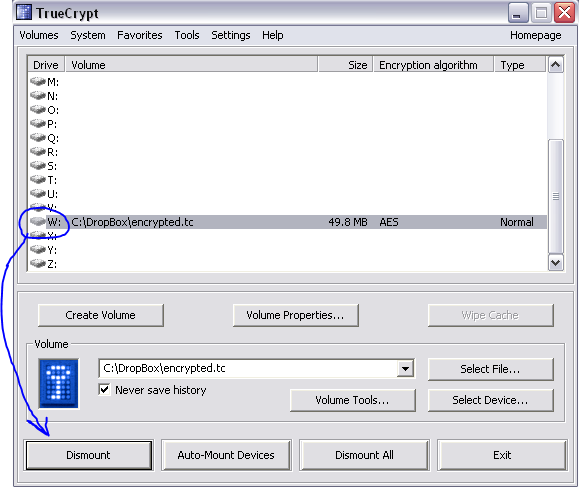 Отключение диска TrueCrypt Отключение диска TrueCrypt