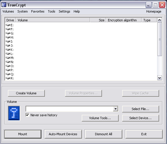 Главное окно TrueCrypt Главное окно TrueCrypt