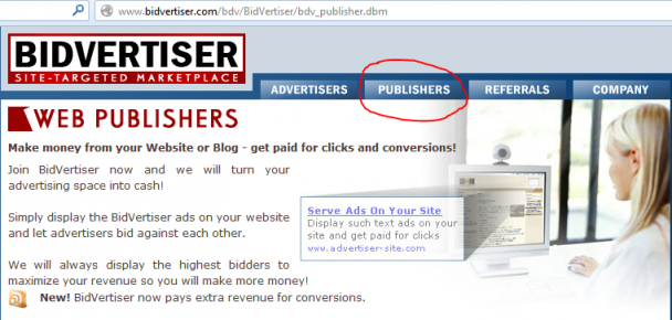 Переход на вкладку Publisher. Bidvertiser.com