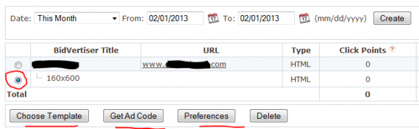 Конфигурация нового баннера. Bidvertiser