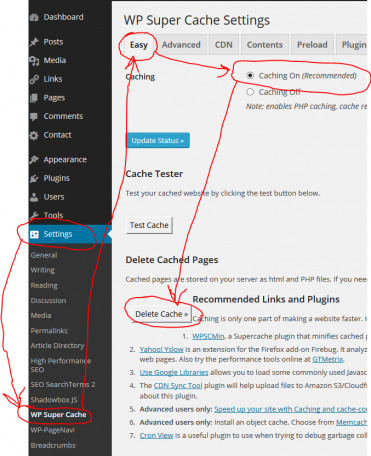 Включение кеширования и удаление кеша WP Super Cache