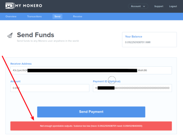 MyMonero, не хватает денег для перевода