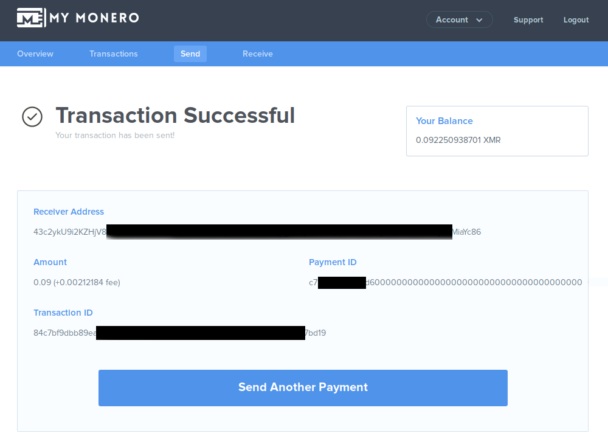 MyMonero - Платеж прошел успешно