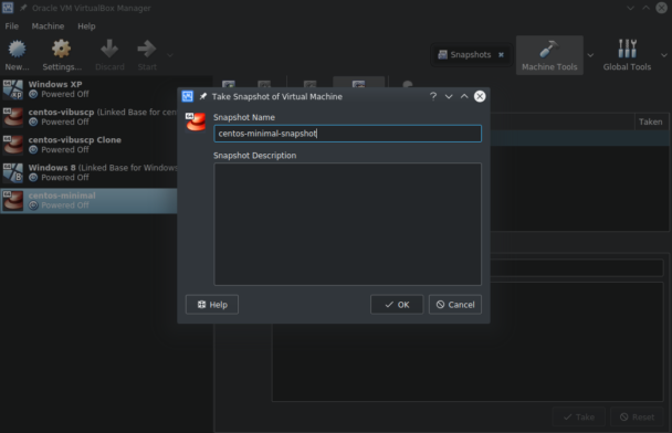 Virtualbox создание snapshot