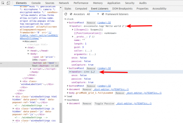 Chrome. Консоль разработчика. Event listenr handler