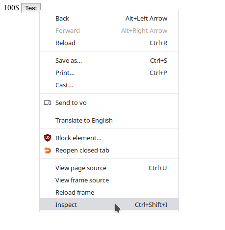 Chrome. Пунгк меню Inspect
