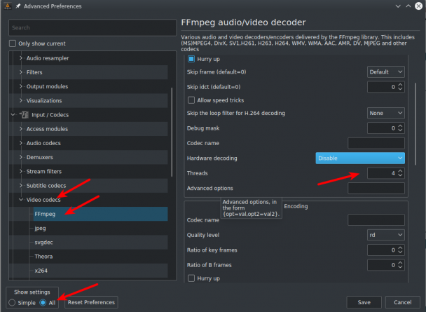 VLC: увеличение кол-ва потоков для кодека ffmpeg